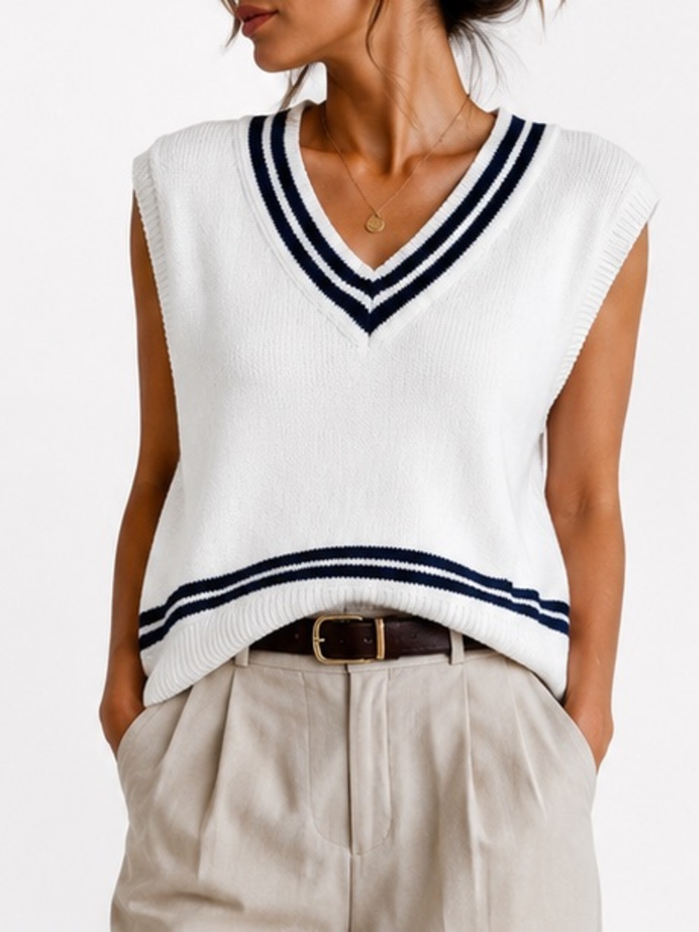 GAP 100% Cotton White and Navy Striped V-Neck Sweater Vest